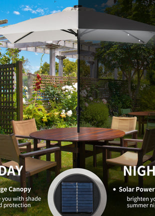 9' x 7' Patio Umbrella Outdoor Table Market Umbrella with Crank, Solar LED Lights, 45° Tilt, Push-Button Operation, for Deck, Backyard, Pool and Lawn, White