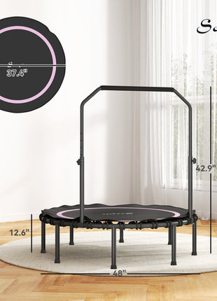 48" Rebounder Trampoline for Adults, Foldable Mini Trampoline with Adjustable Handle Bar for Indoor Outdoor, Pink