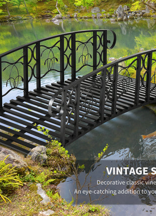6' Metal Arch Backyard Garden Bridge with 660 lbs. Weight Capacity, Safety Siderails, Vine Motifs, Easy Assembly for Backyard Creek, Stream, Pond, Black