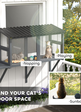 Wooden Cat Catio, Outdoor Cat Enclosure Window Perch with Jumping Platform, for Safely Enjoying Outdoor Sights, Gray