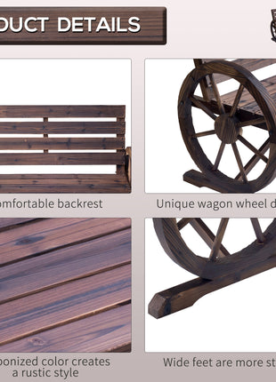 41" Wooden Wagon Wheel Bench, Rustic Outdoor Patio Bench Weather Resistance Furniture, 2-Person Slatted Seat with Backrest, Carbonized
