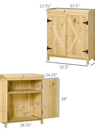 Garden Storage Cabinet, Outdoor Tool Shed with Galvanized Top and Two Shelves for Yard Tools or Pool Accessories, Natural