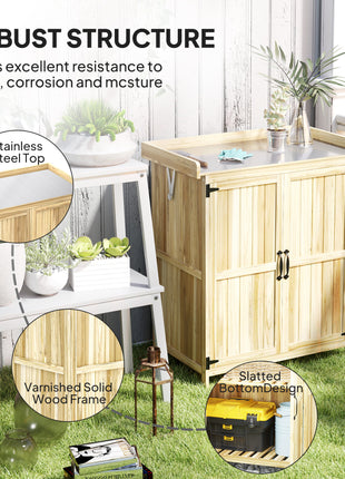Outdoor Storage Cabinet, Garden Tool Shed with Metal Tabletop, Shelf, Wooden Potting Bench with 2 Doors, Natural Wood