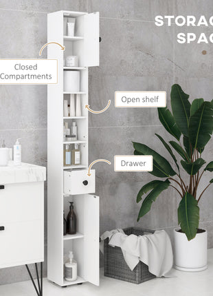 71" Small Bathroom Storage Cabinet, Narrow Toilet Paper Cabinet with Open Shelves, 2 Cabinets, Adjustable Shelves, White
