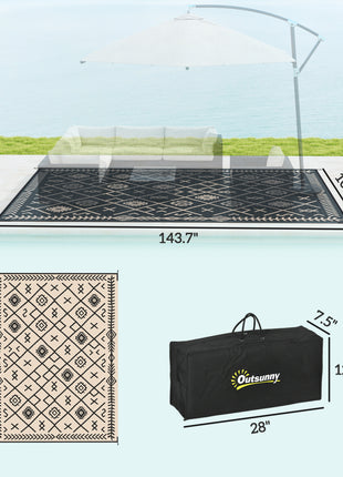 Reversible Outdoor Rug, Waterproof Plastic Straw with Carry Bag, 9' x 12', Black & Beige Rhombus