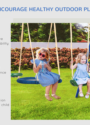 Swing Set for Backyard, 5 in 1 Outdoor Playset for Kids with Heavy-Duty A-Frame Stand, 29.5" Saucer Swing, Slide, Teeter-Totter, Glider, 693 Lbs Load, Blue