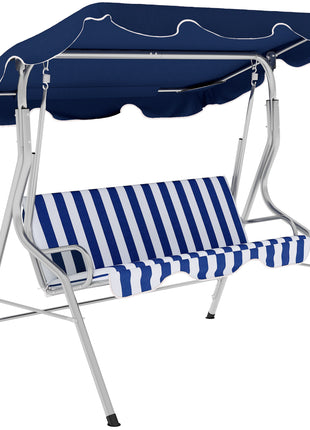 3-Person Porch Swing with Canopy, Patio Swing Chair, Outdoor Canopy Swing Bench with Adjustable Shade, Cushion and Steel Frame, Dark Blue & White Striped