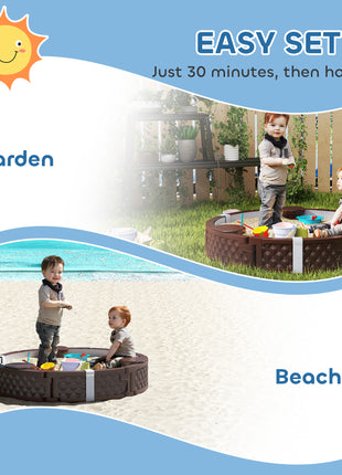 47" Round Kids Sandbox with Cover, 3 Seats, Waterproof Bottom Liner, for Backyard, Lawn, Garden, Beach, Patio, Brown