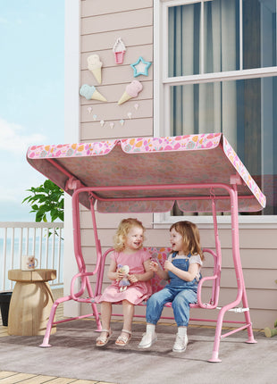 Kids Patio Swing, 2-Seater Outdoor Porch Swing with Safety Belt and Adjustable Canopy for Backyard Garden, Pink