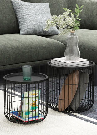 Coffee Table Set, Nest of Coffee Tables with Steel Wired Basket Body and Removable Top for Living Room, Black