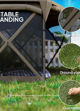 11 x 11ft Pop Up Gazebo Screen Tent with Removable Roof Cover, Roll-up Wind Panels for Camping, Backyard, Brown