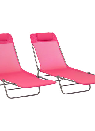 2 Piece Folding Chaise Lounge Chairs, Pool Sun Tanning Chairs with Reclining Back, Breathable Mesh Seat, Pink