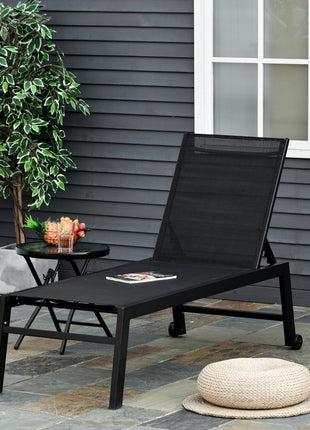 Outdoor Chaise Lounge with Wheels, Five Position Recliner for Sunbathing, Suntanning, Steel Frame, Breathable Fabric for Beach, Yard, Patio, Black