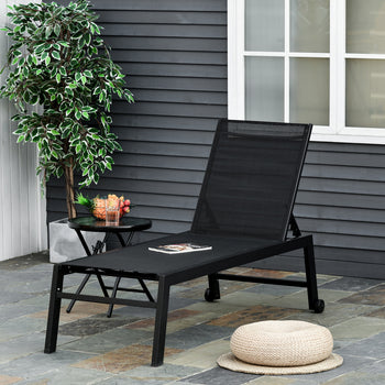 Outdoor Chaise Lounge with Wheels, Five Position Recliner for Sunbathing, Suntanning, Steel Frame, Breathable Fabric for Beach, Yard, Patio, Black