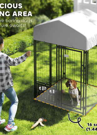 Welded Wire Outdoor Dog Kennel with 360° Rotating & 4 Levels Adjustable Bowls, Waterproof Cover, 3.9' x 3.9' x 6'