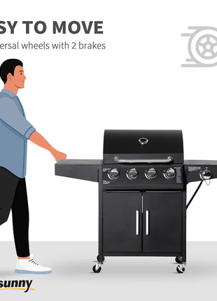 52" Barbecue Grill with Wheels 4+1 Burner Liquid Propane Gas Grill Outdoor Cabinet Style BBQ Trolley w/ Side Burner, Warming Rack
