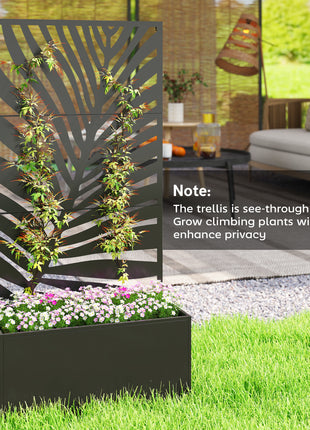 Metal Planter Box with Trellis, Raised Garden Bed with Trellis Large Leaf Cut-Out Privacy Screen for Climbing Plants