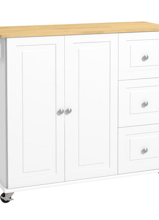 Kitchen Island with Drop Leaf, Rolling Kitchen Cart on Wheels with 3 Drawers, Cabinet, Natural Wood Top, Spice Rack and Towel Rack, White