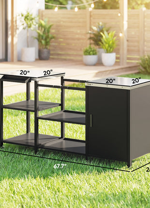 Grill Table for Big Green Egg Grill, Heavy Duty Metal BBQ Prep Table with Stainless Steel Top and Storage Cabinet, Black