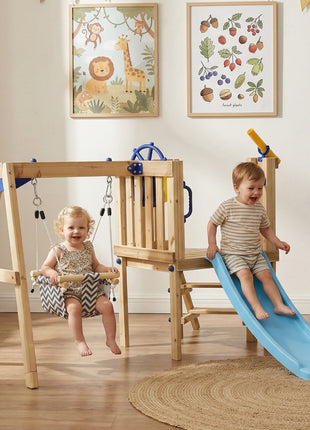 Swing Set for Backyard, Wooden Toddler Outdoor Playset with Baby Swing Seat, Kids Slide, Fort, Playground Equipment with Captain's Wheel, Telescope for Ages 1.5-4, Natural