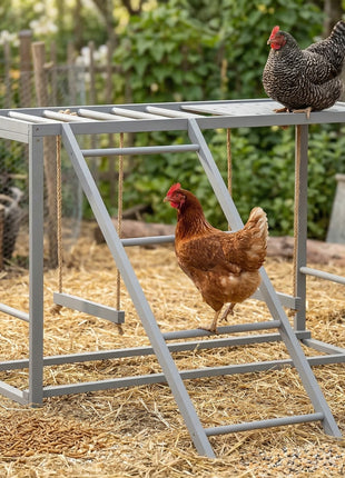 Chicken Activity Play with Swing Set for 3–4 Birds, Wooden Chicken Coop Accessory with Multiple Perches & Hen Ladder, Gray
