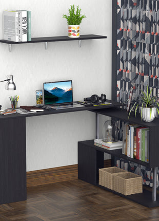 55" 360° Rotating Corner Computer Desk Modern L-Shaped Home Office Workstation with 3-Tier Storage Shelves, Bookshelf, Black