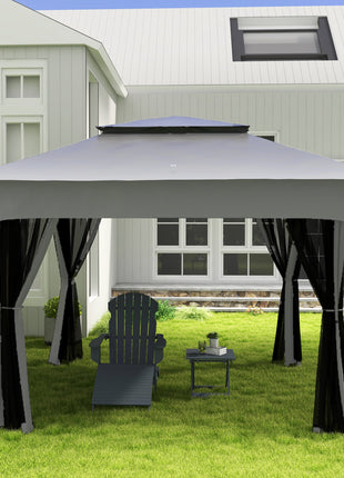 11x11 Canopy Gazebo, Portable Outdoor Patio Shelter with Zipper Mesh Privacy Netting, Carry Bag Included, for Family Use, Light Gray