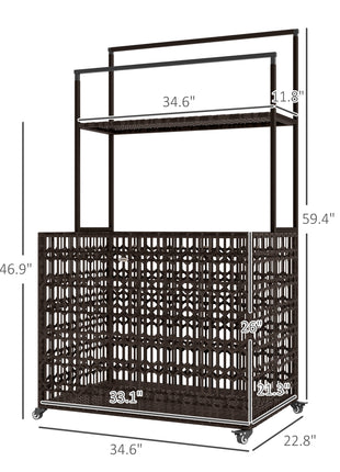 Wicker Pool Float Storage Organizer, PE Rattan Pool Float Holder with Basket Shelf Towel Bars, Rolling Pool Caddy for Floaties, Noodles, Life Vests, Beach Balls, Mixed-Brown