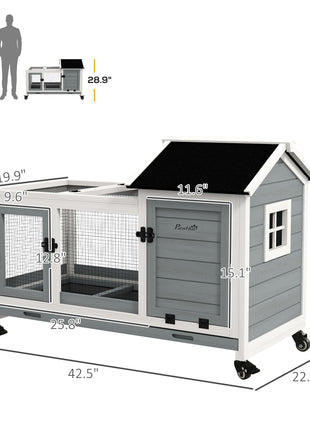 Wooden Rabbit Hutch with Wheels, Run, Slide-out Tray for Small Animals, Guinea Pig, Blue