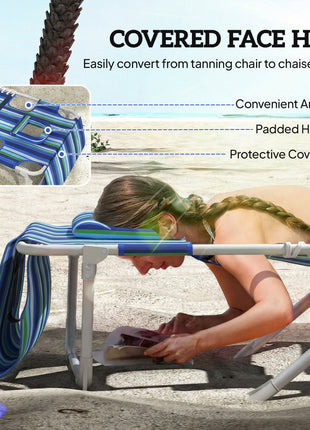 Tanning Chair Set of 2 with Face Hole and Side Table, 5-Position Folding Outdoor Chaise Lounge Chair, Blue Stripe