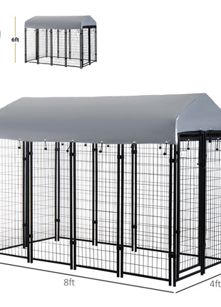 Outdoor Dog Kennel with Roof, 8' x 4' x 6' Heavy Duty Welded Wire Dog Playpen Enclosure with Escape-proof Lock, UV-Resistant & Waterproof Cover, for Large Dogs, Silver