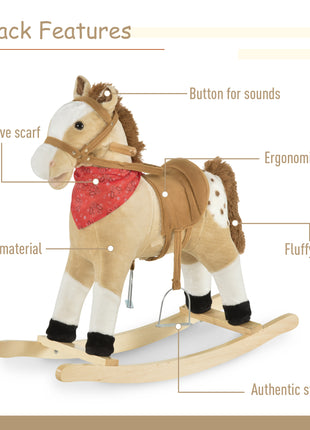 Kids Plush Ride-On Rocking Horse Toy Cowboy Rocker with Fun Realistic Sounds for Child 3-6 Years Old, Beige