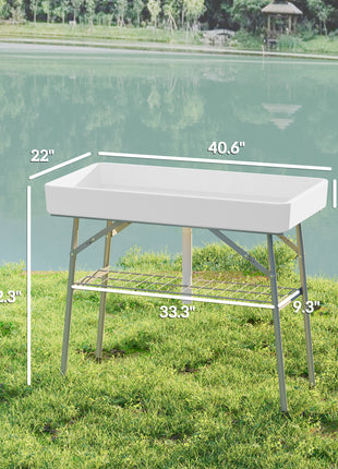 3.4ft Folding Ice Cooler Table with Drain, Fill and Chill Table Outdoor Table Cooler with Storage Shelf, Drink Cooler for Parties Picnic BBQ Camping Wedding, White
