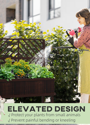 Elevated Wood Planter with Trellis for Climbing Plants, Raised Garden Bed with Legs and Drainage Holes, Carbonized