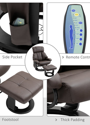 Recliner with Ottoman Footrest, Recliner Chair with Vibration Massage, Faux Leather and Swivel Wood Base for Living Room and Bedroom, Brown