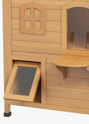  2-story Cat House Outdoor, Weatherproof Wooden Cat Enclosure for Feral Cats with Escape Door, Openable Roof, Jumping Platforms, Natural