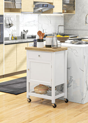 Kitchen Island on Wheels, Rolling Kitchen Cart with Rubberwood Top, Drawer, Wine Rack and Cabinet, White