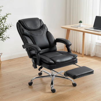 6 Point Vibration Massage Office Chair, PU Leather Heated Reclining Computer Chair with Footrest, Black