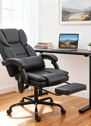 Office Chair with Massage, Pet-Friendly Faux Leather Reclining Desk Chair with Lumbar Support, Footrest, Black