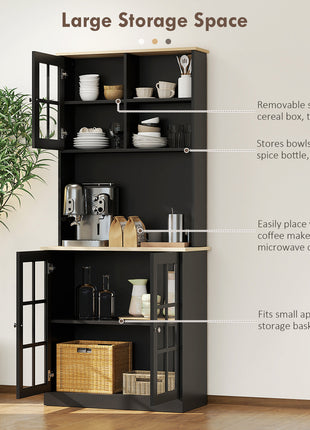Kitchen Pantry Storage Cabinet, 72" Freestanding Cabinet with Hutch, Large Countertop, Glass Doors and Adjustable Shelves for Dining Room, Black
