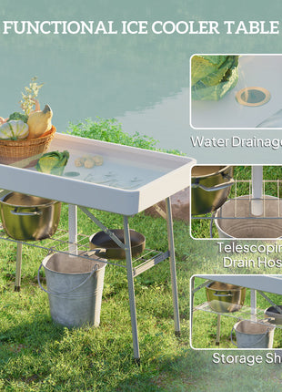 3.4ft Folding Ice Cooler Table with Drain, Fill and Chill Table Outdoor Table Cooler with Storage Shelf, Drink Cooler for Parties Picnic BBQ Camping Wedding, White