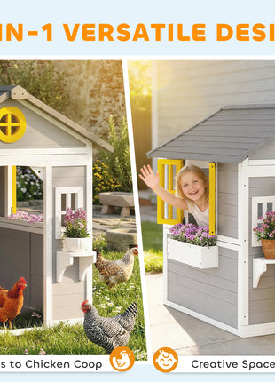Wooden Playhouse for Kids Outdoor with Doors, Windows, Planter Pots and Boxes for Toddlers 3-8 Years, Gray