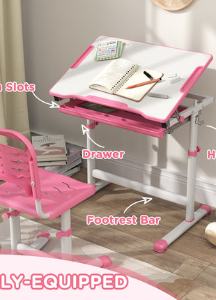 Height Adjustable Kids Desk and Chairs Set with Tilt Desktop, Storage Drawer, Pen Slot, Hook, Pink