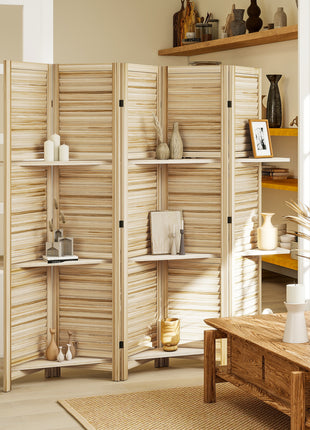 5 Panel 67" Tall Wood Privacy Screen Room Divider with 3 Shelves and Folding Storage for Bedroom, Natural Wood