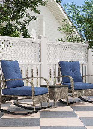 3 Piece Wicker Patio Furniture Set, Outdoor PE Rattan Rocking Chairs with Coffee Table, Cushions for Porch, Gray
