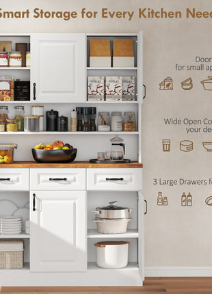 71" Kitchen Pantry Cabinet, Freestanding Farmhouse Storage Cabinet with Wide 2-Tier Microwave Stand Countertop, 3 Drawers, 6 Soft Closing Doors, and Adjustable Shelves, Cable Management, White