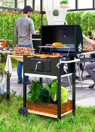 Charcoal BBQ Grill, Outdoor Portable Cooker for Camping or Backyard Picnic, Barbecue Grill with Side Table, Bottom Storage Shelf, Wheels and Handle, Black