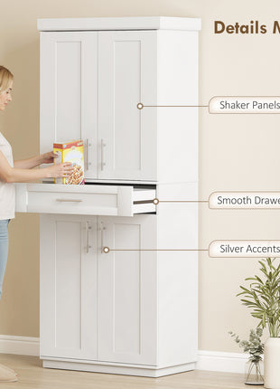 Modern Kitchen Pantry Freestanding Cabinet Cupboard with Doors and Drawer, Adjustable Shelving, White