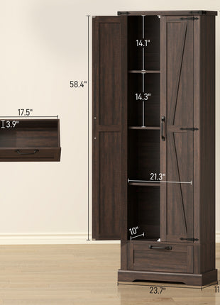 71" Pantry Cabinet, Kitchen Storage Cabinet with Adjustable Shelves, Barn Doors and Drawer for Dining Room, Brown