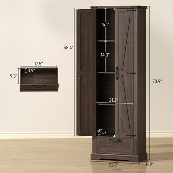 71" Pantry Cabinet, Kitchen Storage Cabinet with Adjustable Shelves, Barn Doors and Drawer for Dining Room, Brown